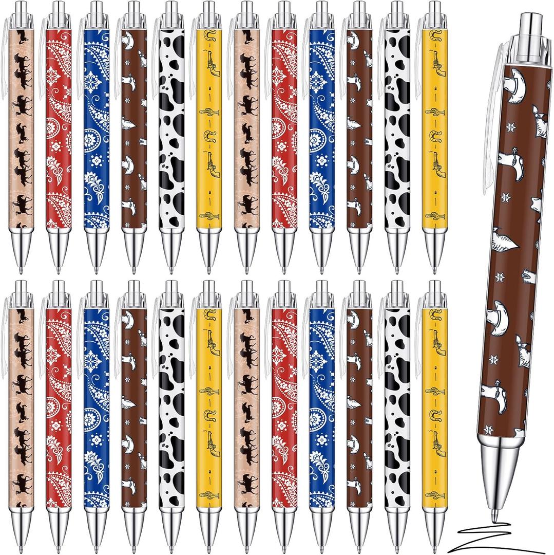 Colarr 24 Pcs Western Theme Pens Bulk Print Western Cowboy Party Favors Black Retractable Gel Ballpoint Pens School Office Supplies for Birthday Graduation Gifts (Classic Style)