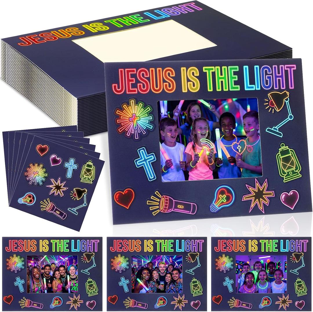 DoubleFill 24 Set 2026 VBS Jesus is the Light Picture Frame Craft Kits DIY Religious Photo Frames with Neon Light Stickers for Vacation Bible School Sunday School Activities Gift Party Favor