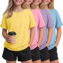 Oakgarden 4 Pack Girls Short Sleeve T Shirts Kids Casual Loose Tops Rolled Cuff Cute Basic Tees 5-14 Years Back to School