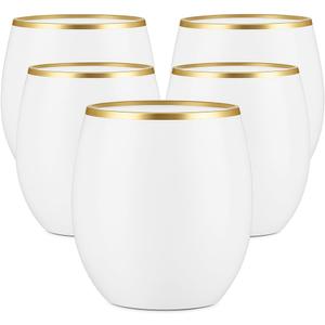 40 count Unbreakable Stemless Plastic Wine Champagne Whiskey Glasses Elegant Durable Disposable Indoor Outdoor Ideal for Home, Office, Bars, Wedding, 12 Ounce Cups Gold Rim (White Matte Gold)