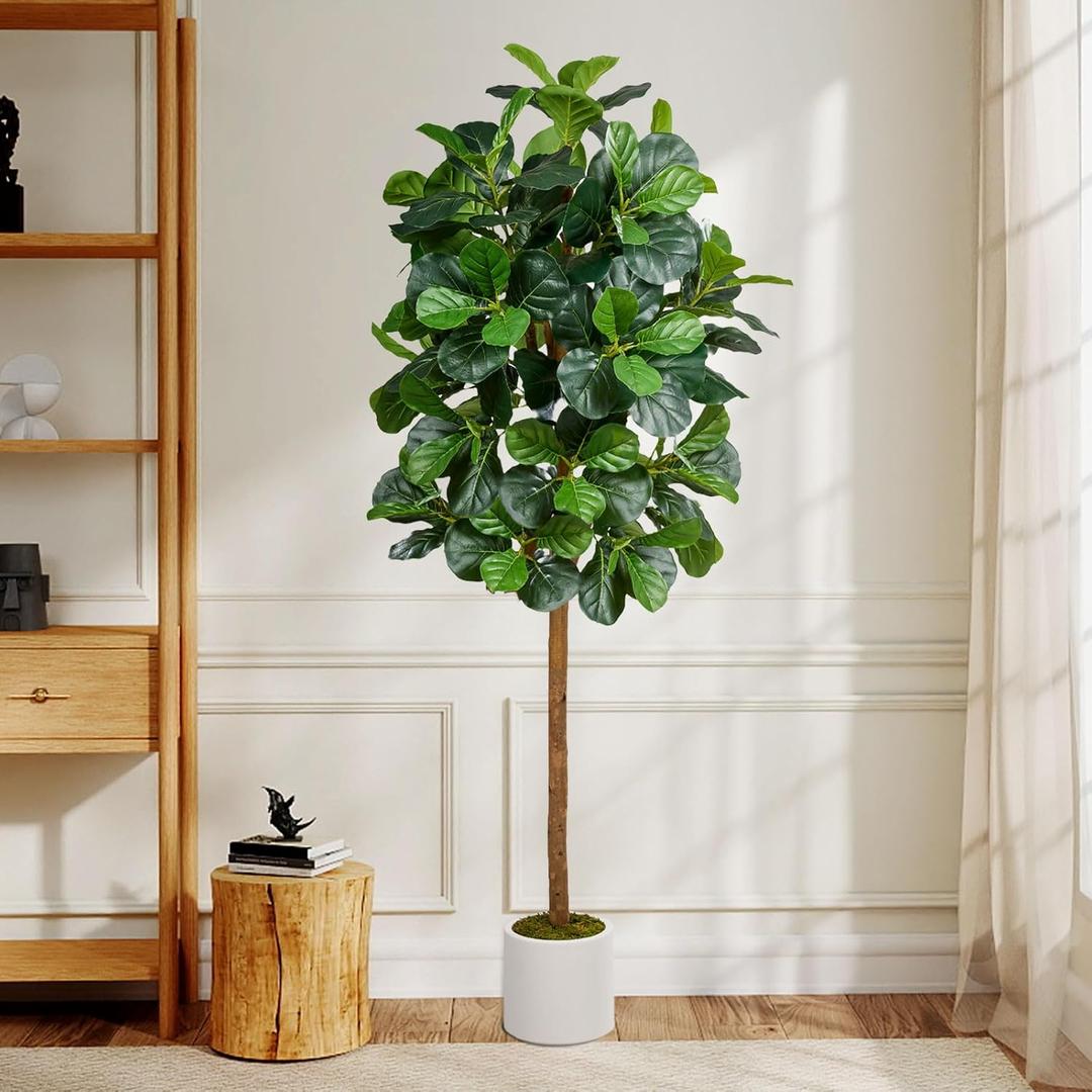 5FT Artificial Fiddle Leaf Fig Tree, Artificial Fig Tree Floor Plant with White Planter, Premium Silk Fake Plants for Living Room, Bedroom, Office, Home & Indoor Dcor