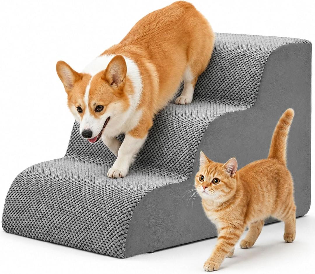 DUMOS Dog Stairs for Small Dogs and Cats, 3-Step Curved Pet Dog Steps, Grey