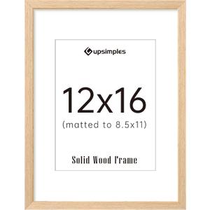 upsimples 12x16 Frame, Natural Solid Wood Picture Frames, Display 8.5x11 with Mat or 12 x 16 Without, Vertical & Horizontal Wall Hanging, 1 Pack, Natural