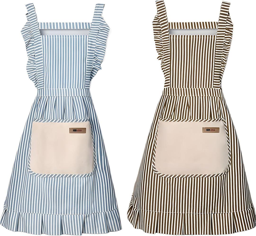 Cotton Kitchen Cooking Aprons,Vest Adjustable Bib Soft Chef Stripes Apron Two pockets with wide for Men Women (Coffee/Blue)