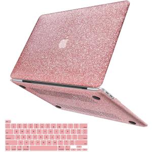 Compatible with MacBook Pro 13 inch Case M2 2025 2024 2023 2022 2021-2016 M1 A2338 A2251 A2289 A2159 A1989 A1708 A1706,Glitter Smooth Leather Hard Shell Case + Keyboard Cover, Shining Rose Gold