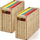 2 Pack Paper Rope Hanging File Box 14.5 x 6 x 10.8 Inch Decorative File Basket Woven Document Organizer with Handle Collapsible Letter Size Filing for Office Home Storage Decor