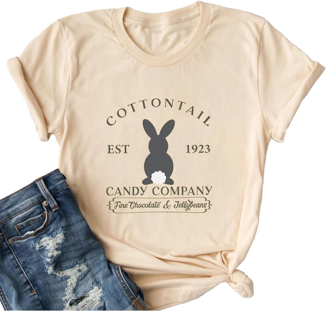 Ykomow Happy Easter Shirts for Women Hangin with My Peeps T Shirt Cute Easter Bunny Outfit Tees (L, Beige)