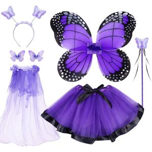 WILDPARTY Fairy Costume Set with Butterfly Wings, Tutu, Butterfly Hair Clips, Magic Wand, Headband and Veil for Age 3-8 Years (Spotty Purple)