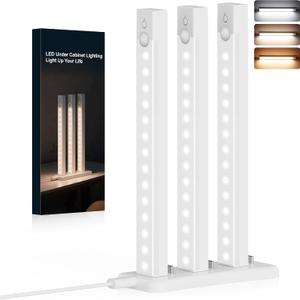 3-Pack Under Cabinet Lighting with charging station 8-Inch Rechargeable Motion Sensor Light Indoor 3 Color Dimmable Closet Light, USB Stick on LED Magnetic Under Counter Lights for Kitchen Stair