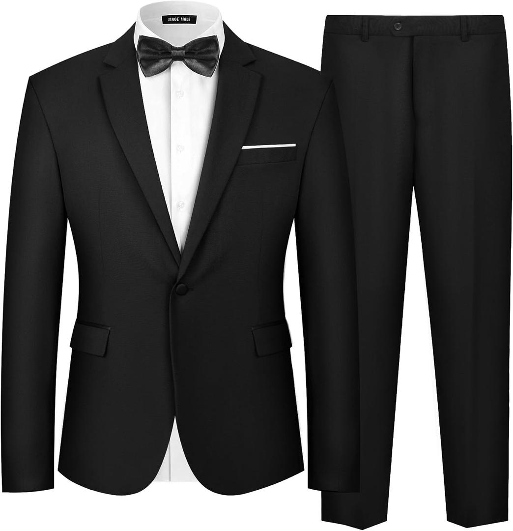 MAGE MALE Men's 2 Piece Suit One Button Slim Fit Formal Wedding Prom Tuxedo Suits Blazer Pants with Bow Tie Set (Black-notch Lapel-3)