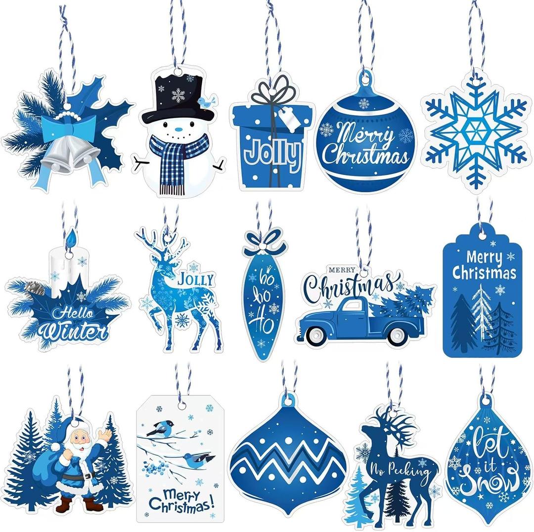 Pasimy 150 Pcs Christmas Name Tags with String Winter Paper Gift Tags White Blue Christmas Hanging Tag Labels Xmas Holiday Hang Name Tags for Gift Wrapping DIY Xmas Present Party Decor 15 Designs