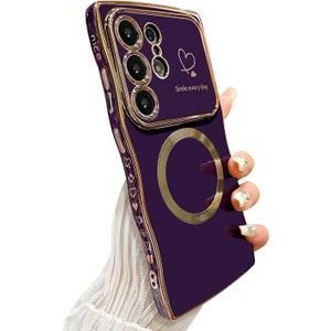for Samsung Galaxy S24 Ultra Case Magnetic,for Women Girls Soft Cute Wave Frame Curly Shape Love Heart Luxury Plating Phone Case Compatible with MagSafe Shockproof Back Cover 6.8"-Dark Purple