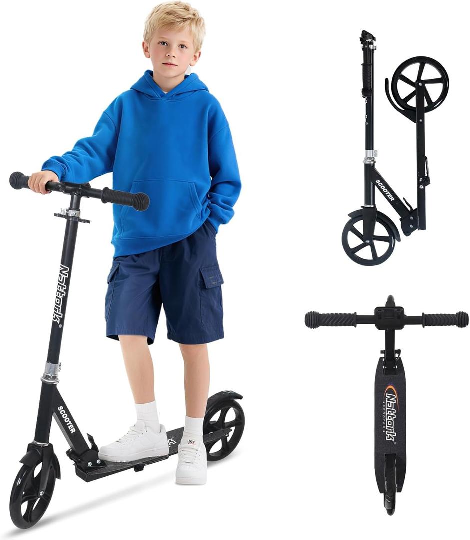 Nattork Scooter for Kids 8-12, Teens and Adults- Adjustable Height Folding Kick Scooter with Large Sturdy Wheels for a Smooth Ride, Lightweight, Anti-Shock Suspension, Scooter for Boys and Girls-Navy