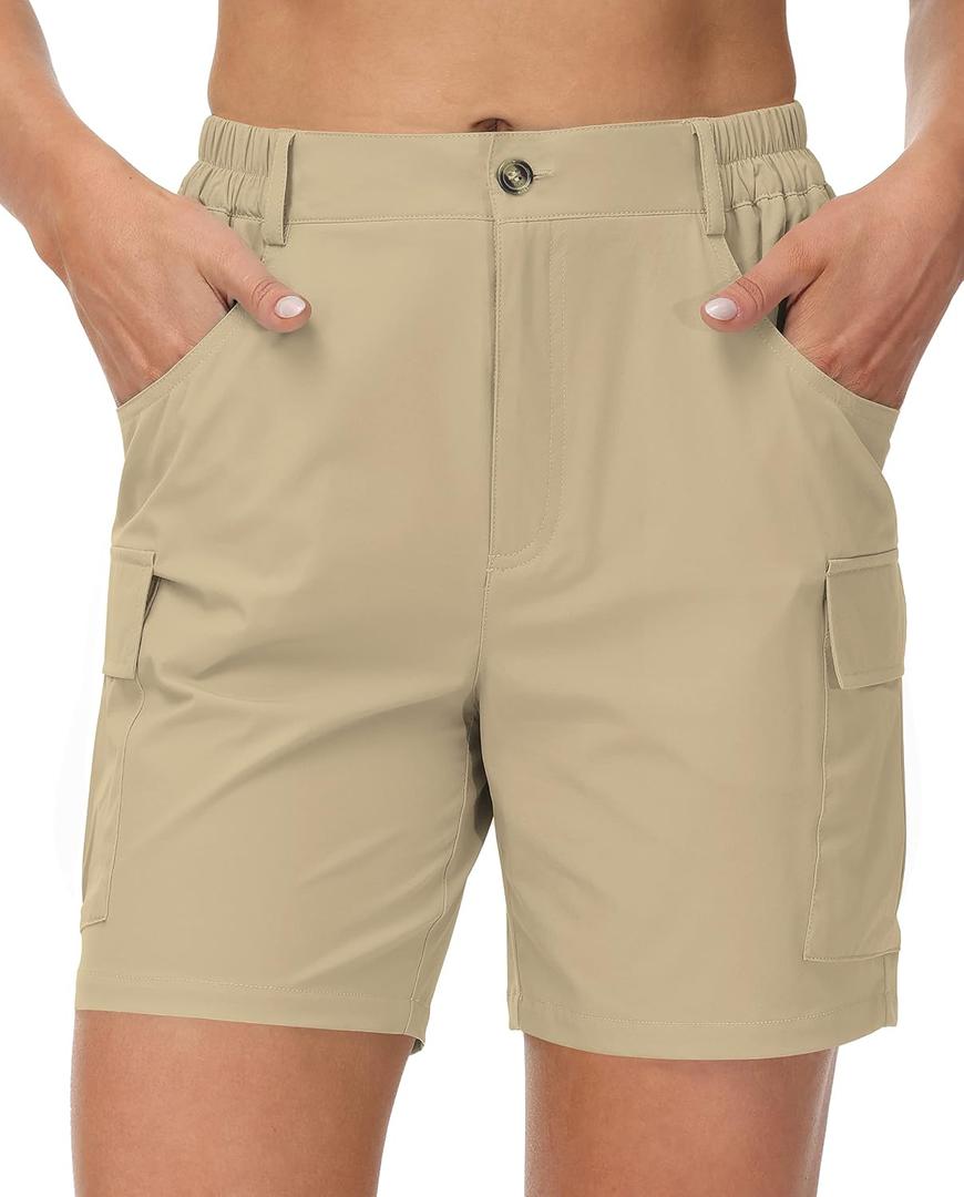 Cakulo Womens 6" Hiking Cargo Bermuda Shorts Quick Dry Golf Work Walking Summer Lightweight Shorts Pockets, Khaki, XL
