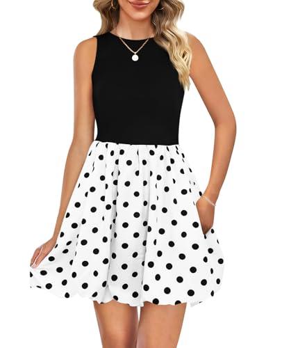 Naggoo Womens Summer Dresses 2026 Sleeveless Round Neck Loose Swing Sundresses with Pockets Floral White Polka Dot L