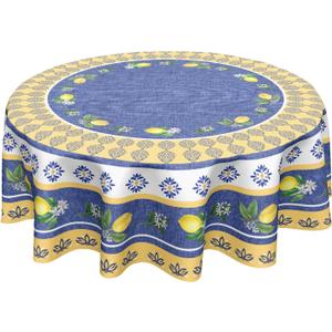Kawani Lemon Round Tablecloth 70 Inch Blue Yellow French Country Style Fruit Floral Print Table Cloth Rustic Farmhouse Table Cover for Kitchen Dining Room Party Home Decor