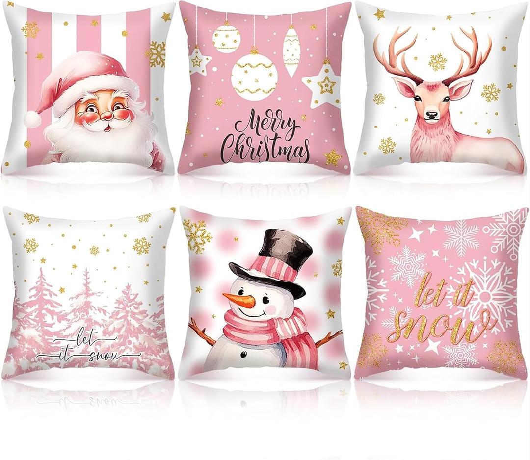 Pink Christmas Decorations Pillow Covers 18x18 Set of 6 Pink Santa Snowman Snowflake Merry Christmas Tree Winter Snow Reindeer Holiday Pillow Decorative Throw Cushion Case for Sofa