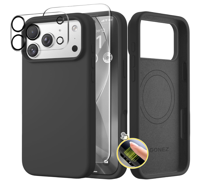 GONEZ Magnetic for iPhone 17 Pro Case, Compatible with MagSafe, [Screen Protector + Camera Lens Protector], Liquid Silicone Anti-Scratch Shockproof Protective Phone Case 6.3 inch, Black