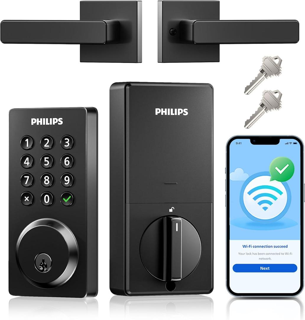 Philips WiFi Smart Door Lock with Handle, Built-in WiFi App Remote Control, Keyless Entry Door Locks for Front Door, Smart Deadbolt Auto Lock, Support Alexa & Google, IP54 Waterproof, Matte Black