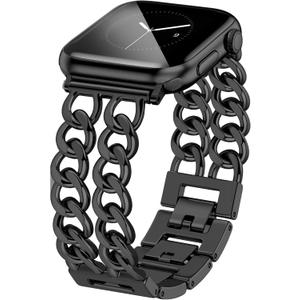 JR.DM Black Watch Bands for Women Compatible with Apple Watch Adjustable Metal Band Cowboy Steel Chain Bracelet for iWatch B4 Black, 41/40/38/42mm(series 10/11) (No Case)