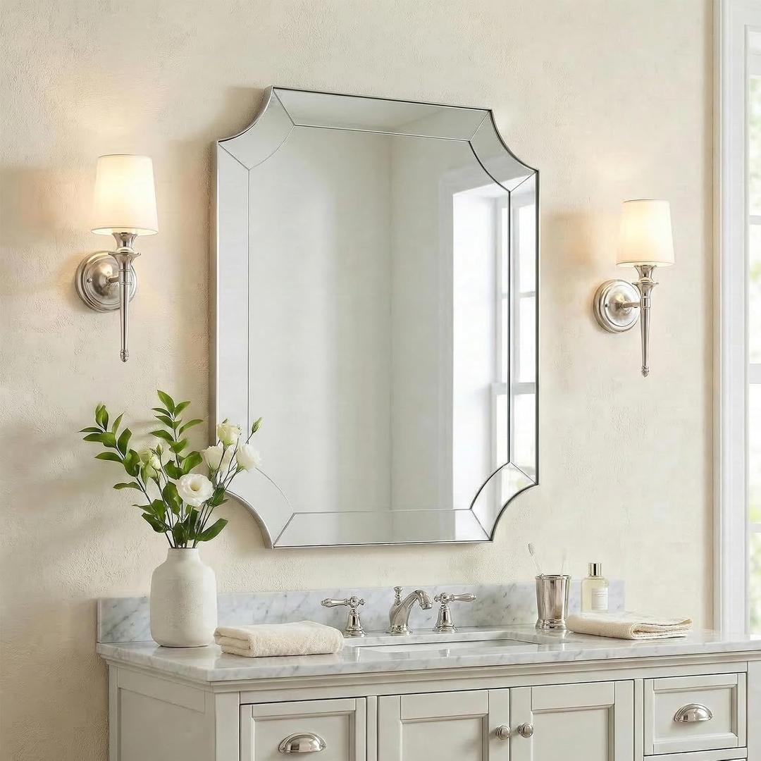 MOON MIRROR Brushed Nickel Bathroom Mirror, 24"x32" Scalloped Wall Mirror, Vintage Notched Corner Mirror, Anti-Rust Metal Framed Mirror for Bathroom, Thin Frame Deep 1", Hangs Vertical or Horizontal