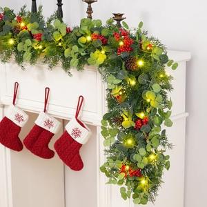 MARTINE MALL 6.4FT Christmas Garland with Lights, Cedar Garland Artificial Pine Cypress Garlands Christmas Greenery Garland with Eucalyptus Leaves Red Berries for Mantle Front Door Indoor Outdoor