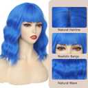 Blue Wig for Women Short Wavy Wigs with Bangs Bob Curly Wig Women's Colorful Wigs Shoulder Length Synthetic Heat Resistant Fiber Wigs for Cosplay Halloween Costume Party(14 Inches)