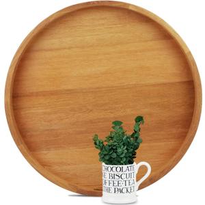 20 Inches Extra Large Round Teak Wood Ottoman Tray with Handles, Serve Tea, Coffee Classic Wooden Decorative Serving Tray