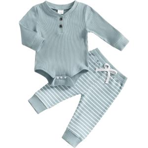 Newborn Baby Boy Girl Clothes Ribbed Knitted Long Sleeve Romper Pants Solid Cotton Infant Fall Winter Outfits 2Pcs (6-9 Months, Blue)