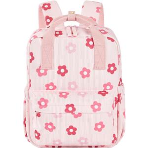 Mini Corduroy Backpack Bookbag School Bag for Toddlers Girls and Boys Preschool Daycare Kindergarten 13'' H Lightweight Fits for Folder(Floral-Pink Corduroy)