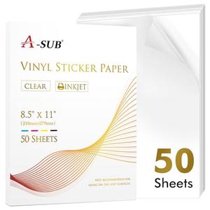 A-SUB Clear Sticker Paper for Inkjet Printers, Waterproof Transparent Printable Vinyl Sticker Paper, 50 Sheets 8.5x11 Inch Glossy Clear Label Paper for Custom Stickers, Decals
