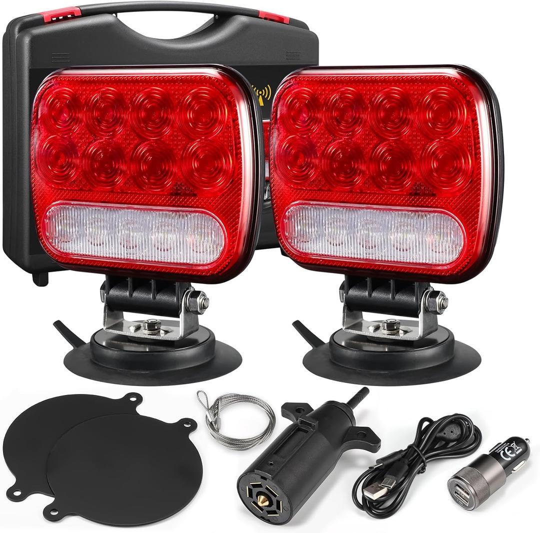 Partsam Wireless LED Trailer Light Kit Magnetic Towing Tail Light Portable Universal Stop Turn Running Backup Reverse Red+Clear Lens w/ 7-Pin Plug Dual USB Cable Charger for Trucks Trailers 12-24V
