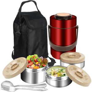 SSAWcasa Thermos for Hot Food, 3 Layered 67oz Adult Stackable Food Jar, Insulated Wide Mouth Sealed Soup Container w/Lunch Bag Cutlery, Stainless Steel Travel Bento Lunch Box for Office Outdoor Meal