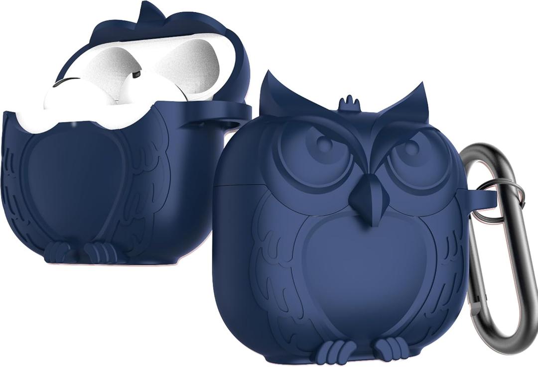 Owl Shaped Protective Case Cover Compatible with Airpods 4th Gen, with Carabiner, Wireless Charging, Shock Resistant (Blue)