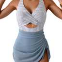 B2prity Women Mesh One Piece Swimdress Swimsuit Tummy Control V Neck Cutout Bathing Suit Wrap Drawstring Sarong Swimwear, 2XL