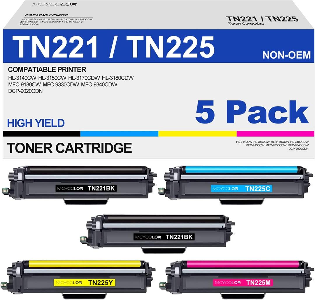 TN221 TN225 Toner Cartridge High Yield Replacement for Brother TN 221 TN 225 Compatible with MFC-9130CW HL-3170CDW HL-3140CW HL-3180CDW MFC-9330CDW (2 Black, 1 Cyan, 1 Magenta, 1 Yellow, 5 Pack)