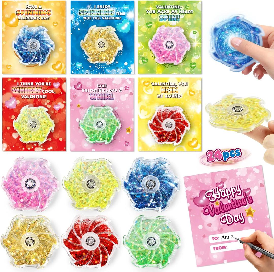 Valentines Day Gifts Cards for Kids, 24 Pack Valentines Greeting Cards with Fluid Glitter Fidget Spinners Toys for Kids School Classroom Exchange, Valentines Party Favors Prizes for Boys Girls