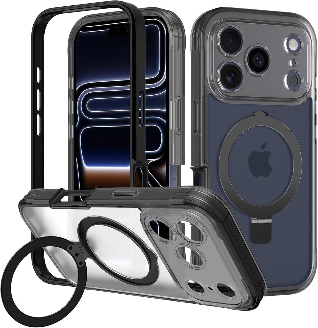 for iPhone 17 Pro Max Case with Magnetic Invisible Stand [Compatible with MagSafe] Military Drop Protection Shockproof Slim Translucent Skin-Touch Case Cover Black