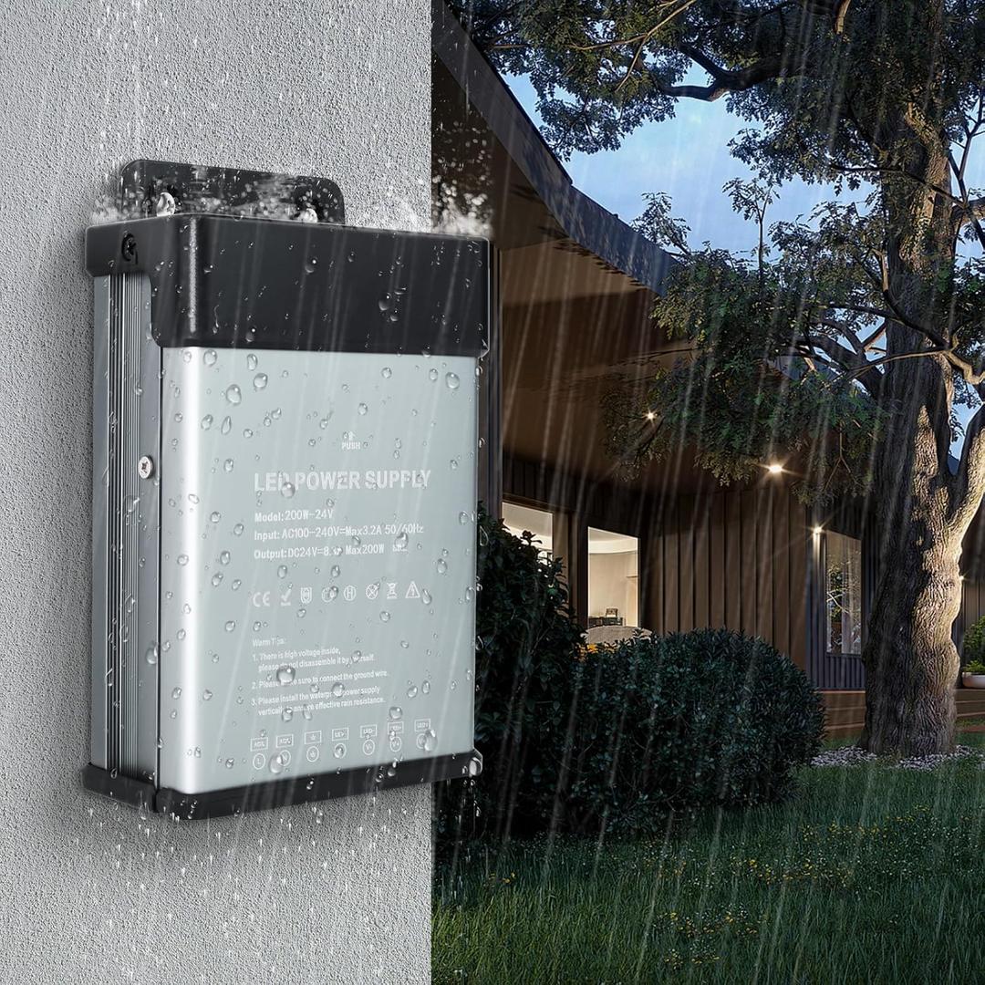 24V 200W LED Power Supply Rainproof IP44, Ultra Slim LED Transformer 100-240V AC to 24V DC 8.3A Quiet Low Volt LED Driver Constant Voltage Driver Adapter for LED Lights, Indoor & Outdoor,  24V-200W