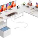 PRAISUN 63 Inch L Shaped Desk with Power Outlets and USB-C Port, Computer Corner Home Office Desk with File Fabric Drawers and Movable Monitor Stand, Larger Storage, Gaming, Writing, Work, White