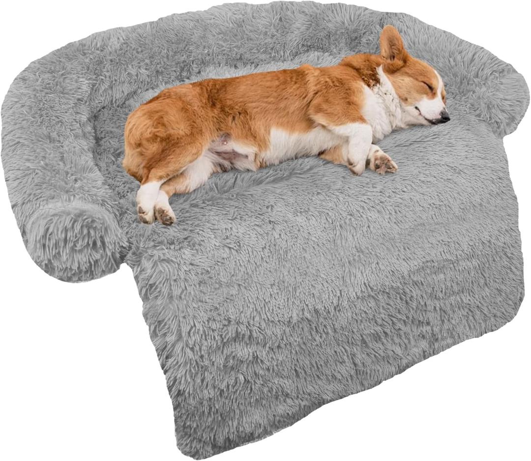 GGIB Calming Dog Bed Fluffy Plush Dog Mat for Furniture Protector with Removable Washable Cover for Large Medium Small Dogs and Cats (Medium, Grey) (41.0"L x 37.0"W x 6.0"Th)