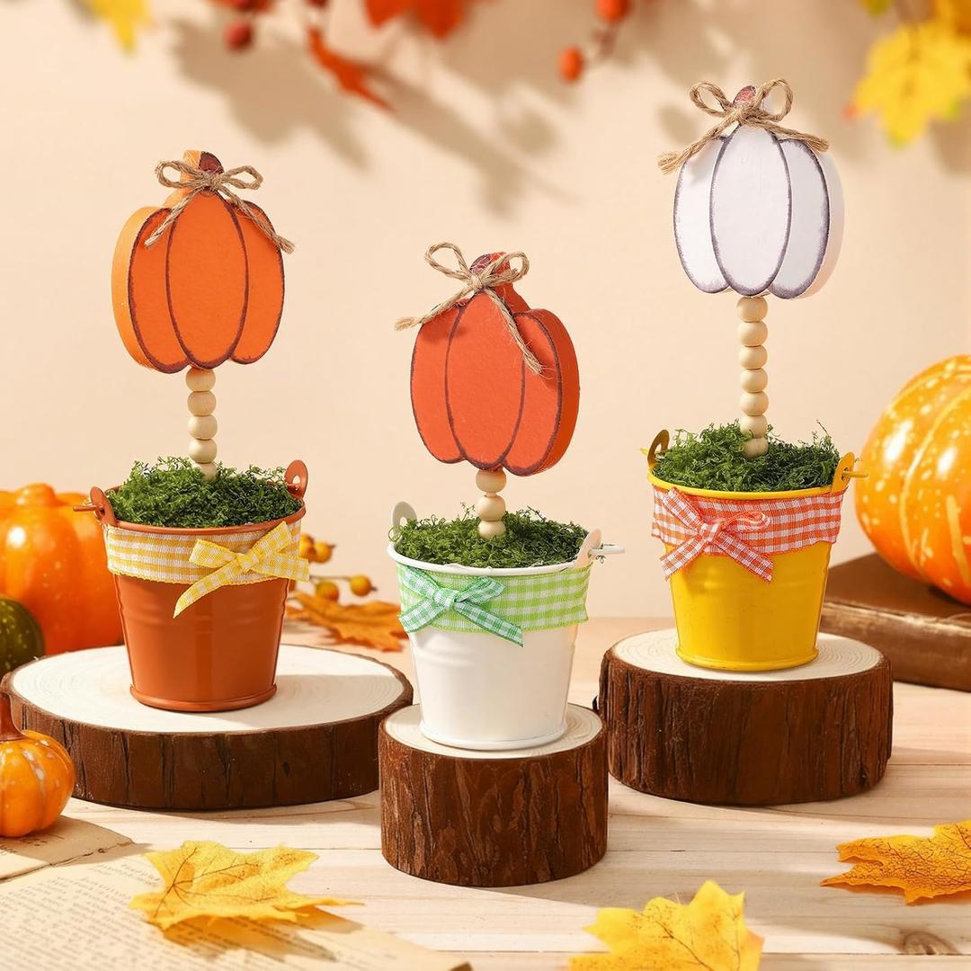 3 Pcs Fall Thanksgiving Pumpkin Mini Potted Wooden Sign Set Pumpkin Plant Pot Tabletop Centerpiece Tiered Tray Decor for Home Gifts Bathroom Shelf Harvest Office Desk Plant Decor