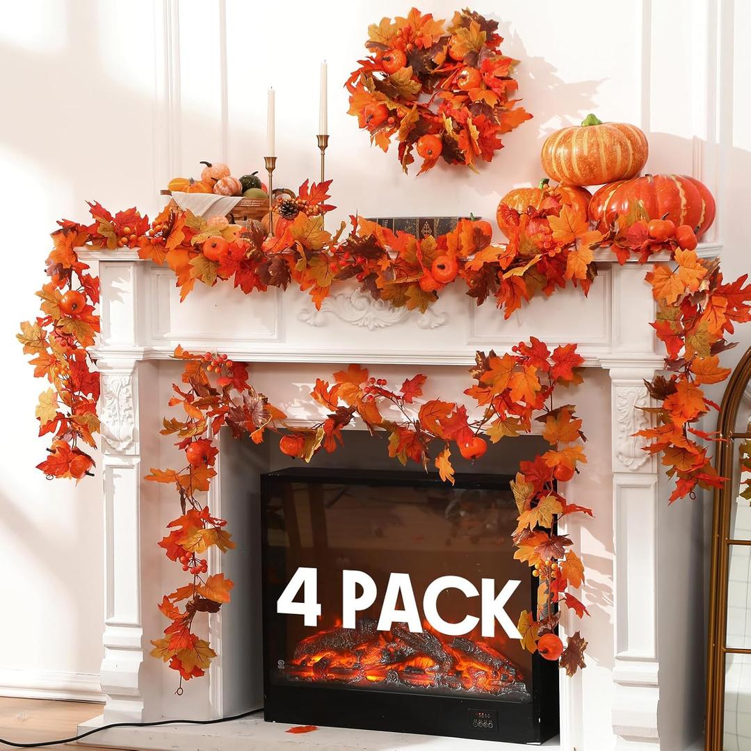 4 Pack Thanksgiving Decorations Fall Maple Leaf Garland 9ft Maple Leaves Pumpkin Berry Garland Thanksgiving Mantle Fireplace Farmhouse Harvest Decorations for Home Outdoor Indoor Porch (Orange)