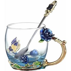 Tea Cup Gifts for Mom Women Mothers Day Glass Coffee Enamels Mug Birthday Butterfly Rose Gifts for Her Valentines Day Christmas Tea Cup with Spoon
