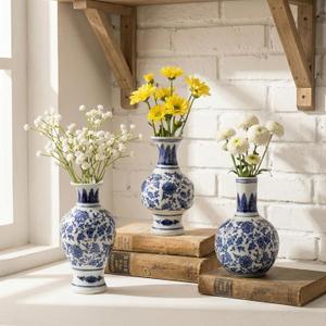 Goaste 3 Pack Small Blue and White Porcelain Vases, 5.5 Inch Tall Mini Vintage Vases, Classic Decorative Bud Vase, Chinoiserie Ceramic Vase for Home Decor, Office, Party Decoration and Events