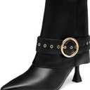 NEWBELLA Women's Pointed Toe Ankle Boots – High Heel Short Booties with Gold Buckle Strap, Slip-On Side Zipper Fashion Dress Boots for Fall Winter
