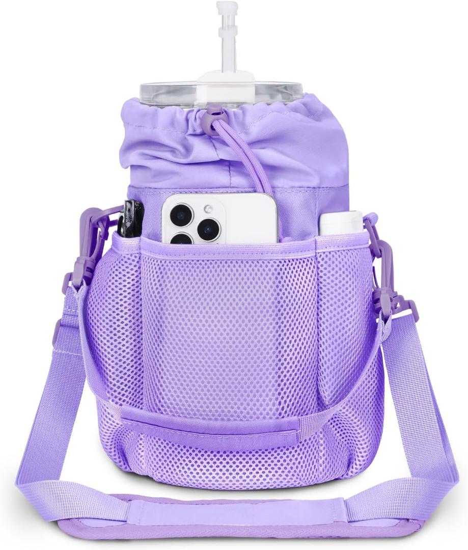 ECOHUB Water Bottle Holder with Strap, Full Coverage Stanley Cup 40/30 oz Tumbler, Insulated Water Bottle Carrier Bag with Back Safety Pocket, Crossbody Sling with Handle for Walking, Patent Pending (purple)