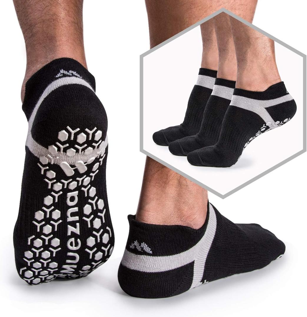Muezna Men's Non-Slip Yoga Socks, Anti-Skid Pilates, Barre, Bikram Fitness Hospital Slipper Socks with Grips (9-11, Black - 3 Pairs)