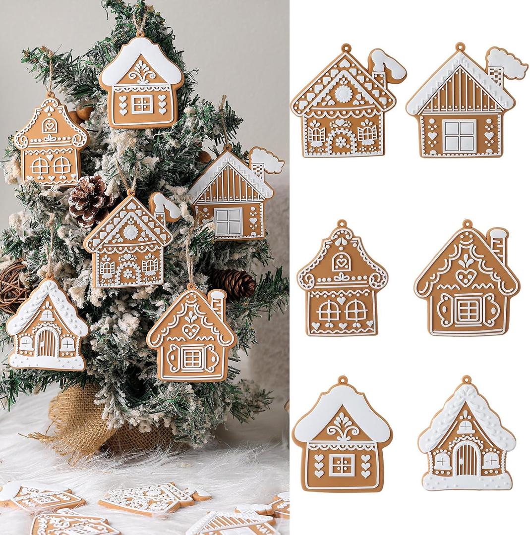 Sosation 24 Pcs Christmas Gingerbread House Ornaments Gingerbread Hanging Decorations Silicone Christmas Ornaments with Ropes for Xmas Tree Winter Crafts