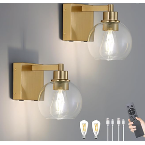 HONGREN Battery Operated Wall Sconces Set of Two Glass Gold Cordless Rechargeable Wall Sconces with Remote Control LED Dimmable Wall Lights for Living Room Hallway (2 Pack)